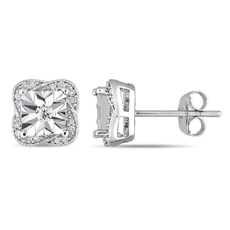 Heart Shaped Stud Earrings for Love -Miadora 10k White Gold 1/6ct TDW Diamond Twisted Square Halo Stud Earrings