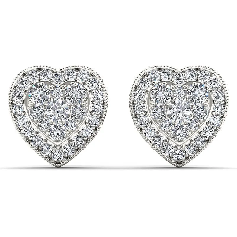 Stud Earrings with Hammered Finish -De Couer 10k White Gold 1/3ct TDW Diamond Cluster Heart Stud Earrings - White H-I