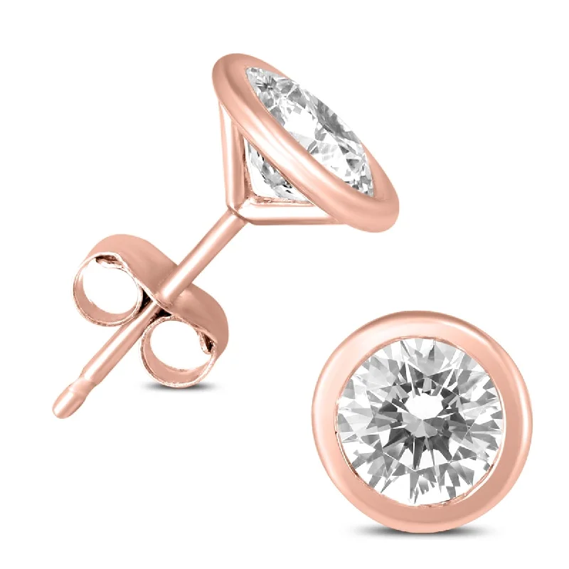 Bohemian Stud Earrings with Tassels -Marquee 1 1/2 Carat TW Certified Bezel Diamond Solitaire Stud Earrings in 14K Rose Gold