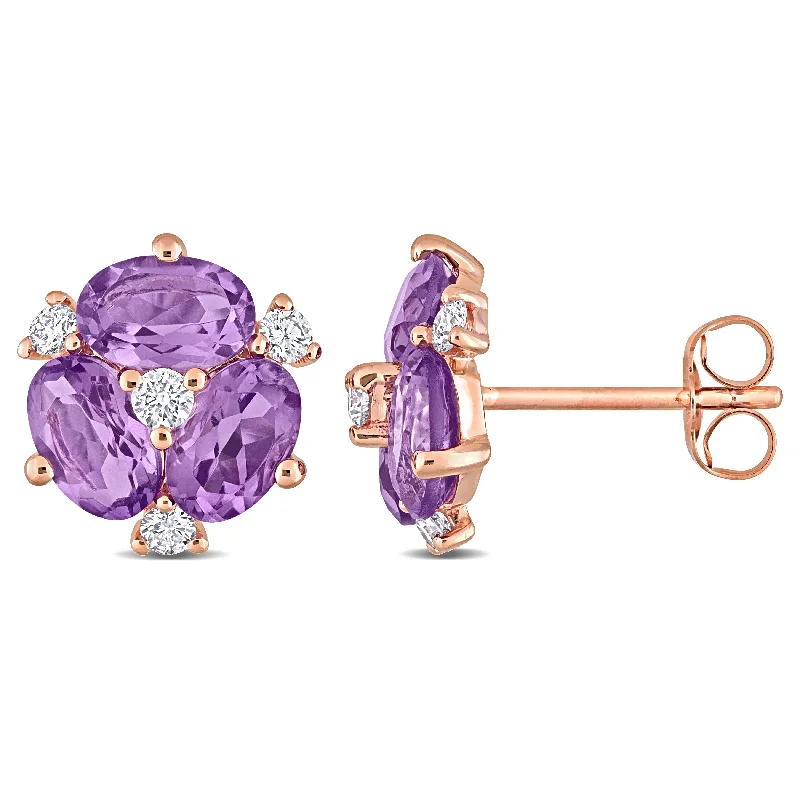 Large Stud Earrings for Statement -Miadora Oval-cut African-Amethyst and 1/5ct TDW Diamond Floral Stud Earrings 14k Rose Gold