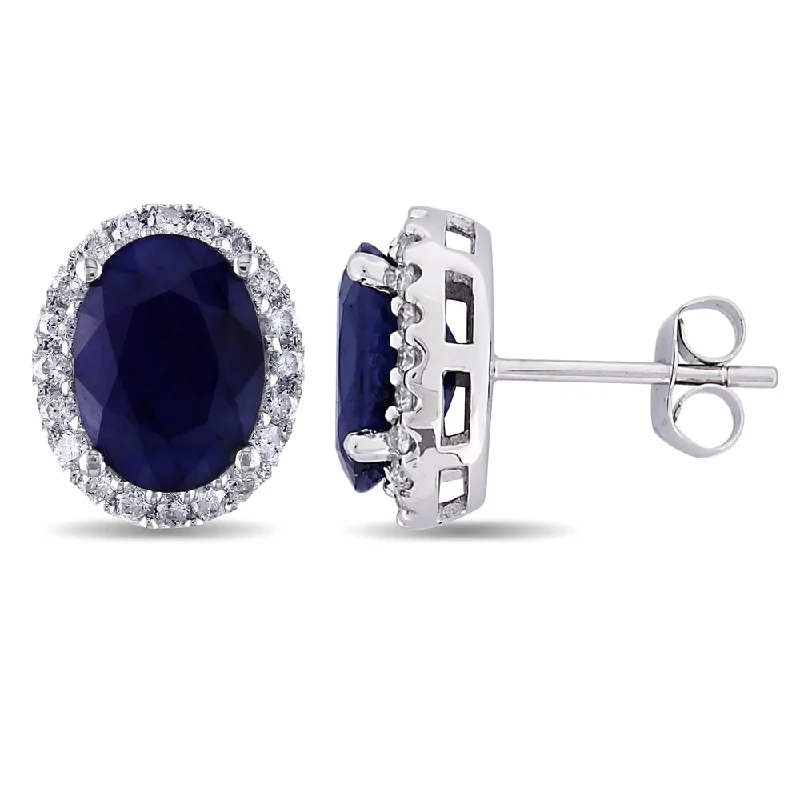 Maximalist Stud Earrings for Bling -Miadora 14k White Gold Oval-cut Sapphire and 2/5ct TDW Diamond Halo Stud Earrings (G-H, I1-I2)