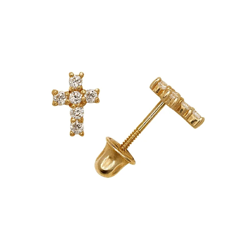 Stud Earrings for Mother's Day -Curata 14k Gold Round Cubic Zirconia Small Cross Screw-back Stud Earrings