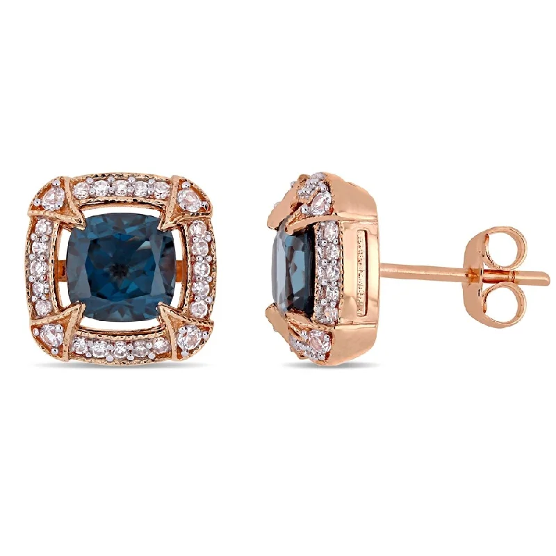 Stud Earrings with Etching -Miadora 10k Rose Gold London-Blue Topaz White Sapphire and 1/5ct TDW Diamond Stud Earrings