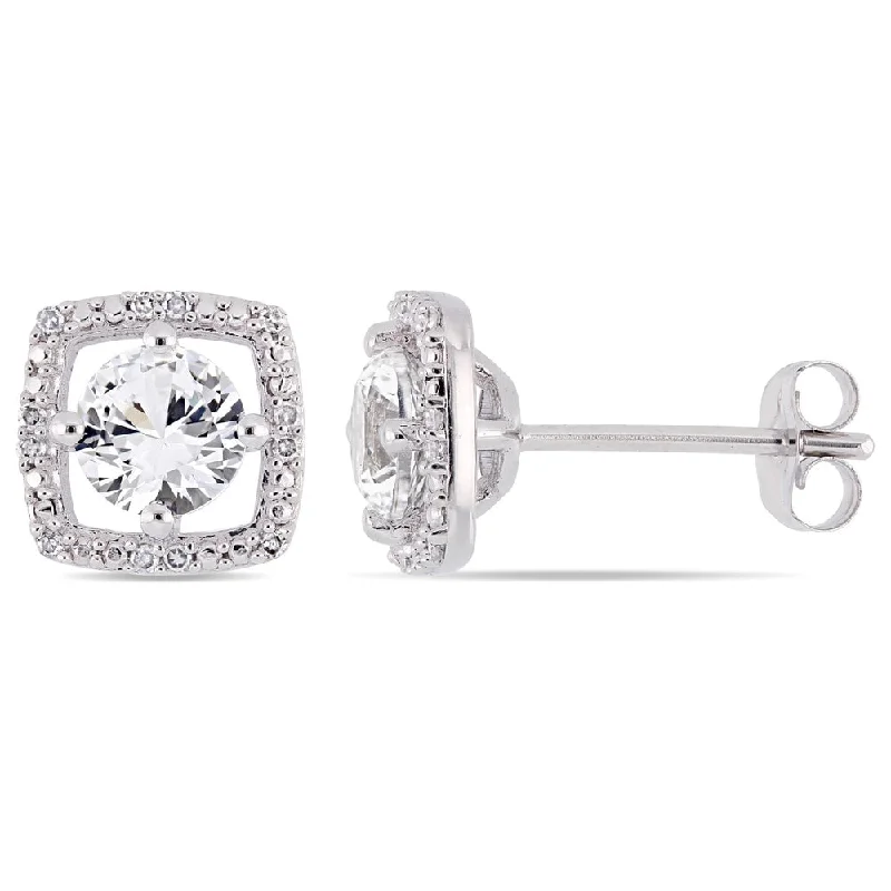 Screw Back Stud Earrings for Security -Miadora 10k White Gold Created White Sapphire and Diamond Accent Floating Square Halo Stud Earrings