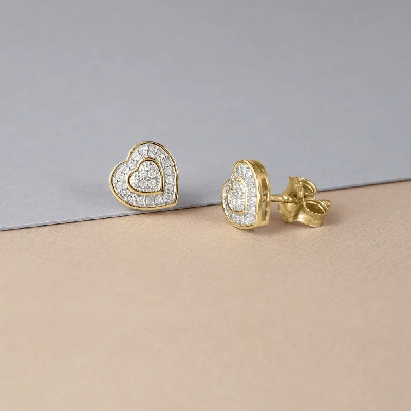 Stud Earrings for Yoga Session -10k Yellow Gold 1/20ct TDW Diamond Composite Halo Heart Stud Earrings by De Couer