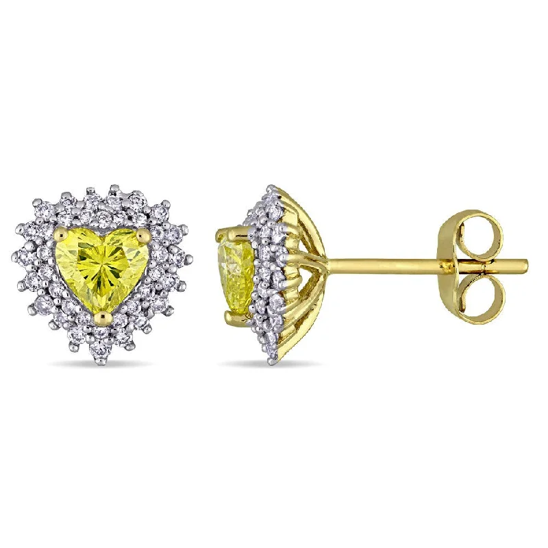 Stud Earrings with Textured Surface -Miadora Signature Collection 14k Yellow Gold 1ct TDW Diamond Heart Halo Stud Earrings