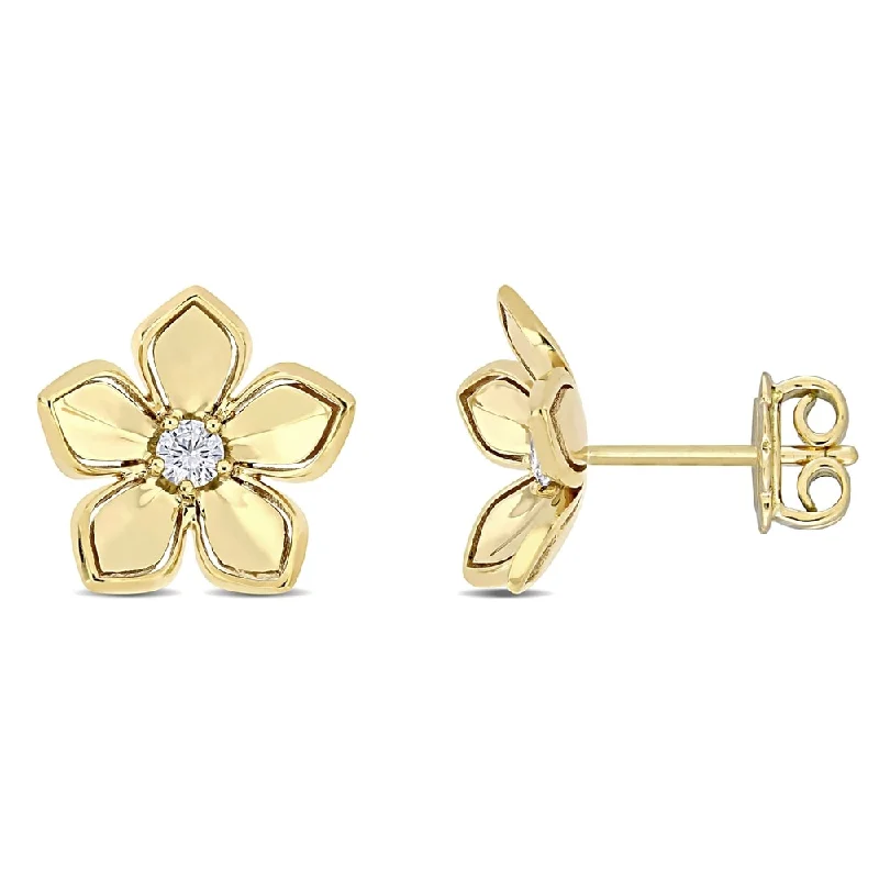 Ethnic Stud Earrings with Tribal Design -Miadora 10k Yellow Gold 1/7ct TGW White Sapphire Flower Stud Earrings