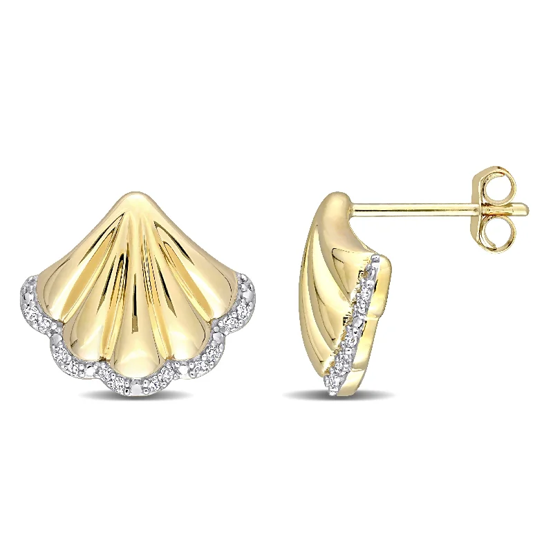 Triple Stud Earrings for Layered -Miadora 10k Yellow Gold 1/10ct TDW Diamond Sea Shell Stud Earrings