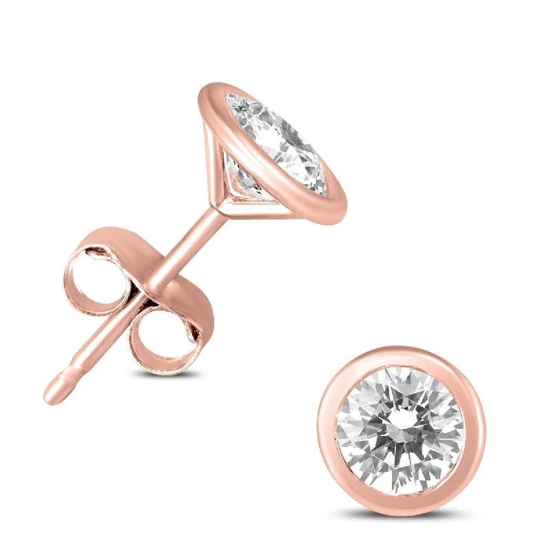 Stud Earrings with Textured Surface -Marquee 3/8 Carat TW Bezel Diamond Solitaire Stud Earrings in 14k Rose Gold