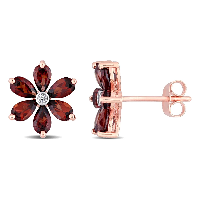 Stud Earrings with Crystals -Miadora 10k Rose Gold Pear-cut Garnet and Diamond Accent Floral Stud Earrings