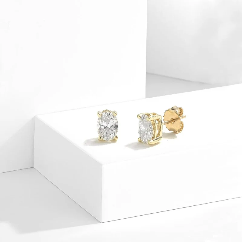 Stud Earrings for Work Attire -IGI Certified 1ct-2ct TDW Oval Shape Lab-Grown Diamond Solitaire Stud Earrings in 14k Gold