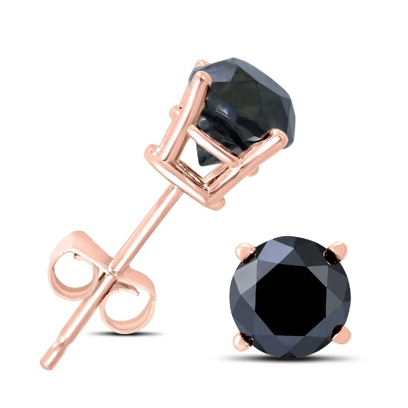 Push Back Stud Earrings for Convenience -Marquee 1 Carat TW Round Black Diamond Solitaire Stud Earrings in 10K Rose Gold