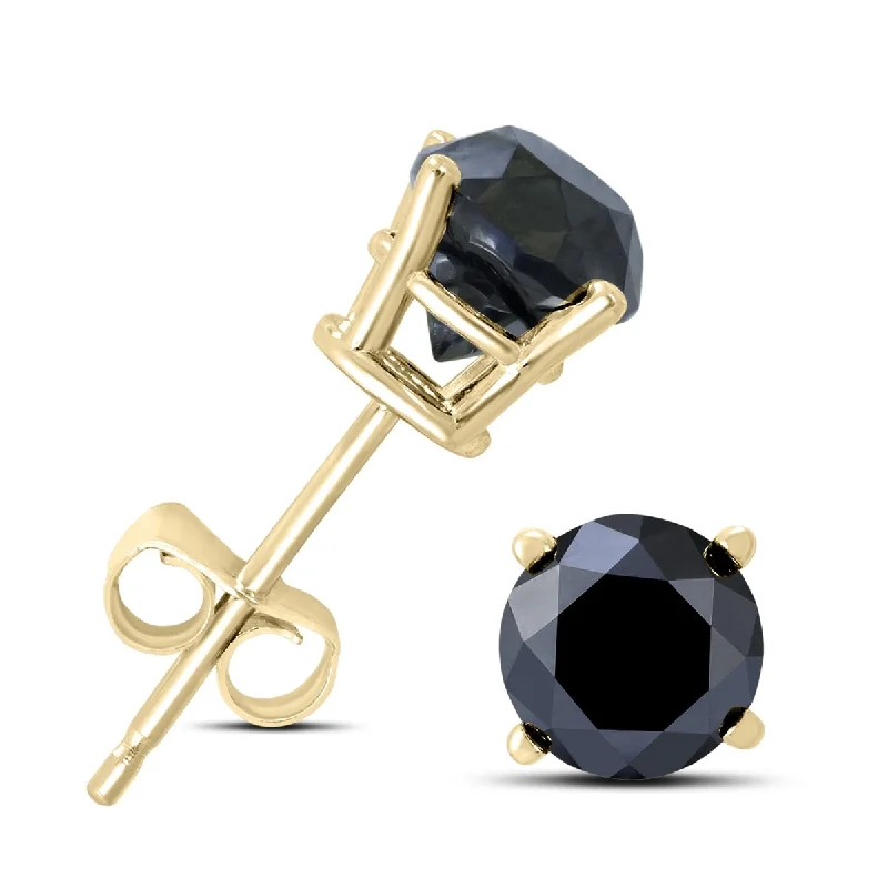 Stud Earrings with Etching -Marquee 3/4 Carat TW Round Black Diamond Solitaire Stud Earrings in 10K Yellow Gold