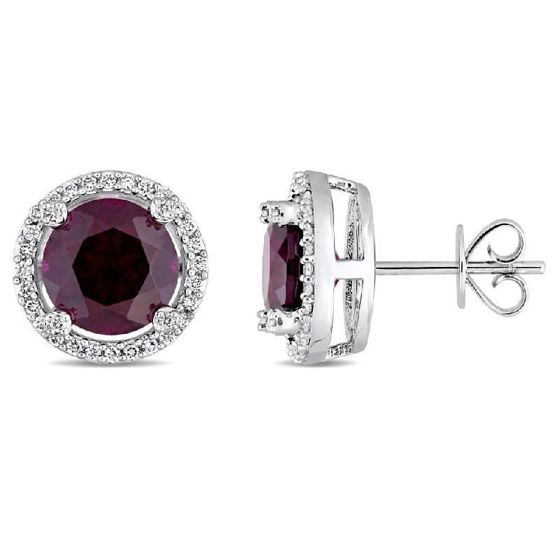 Lead Free Stud Earrings for Health -Miadora Signature Collection 14k White Gold Rhodolite and 1/4ct TDW Diamond Halo Stud Earrings