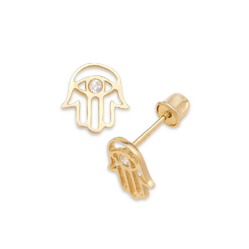 Stud Earrings for Concert Look -Curata 14k Yellow Gold 7x8mm Cubic Zirconia Hamsa Hand of God Screw Back Stud Earrings - 8mm