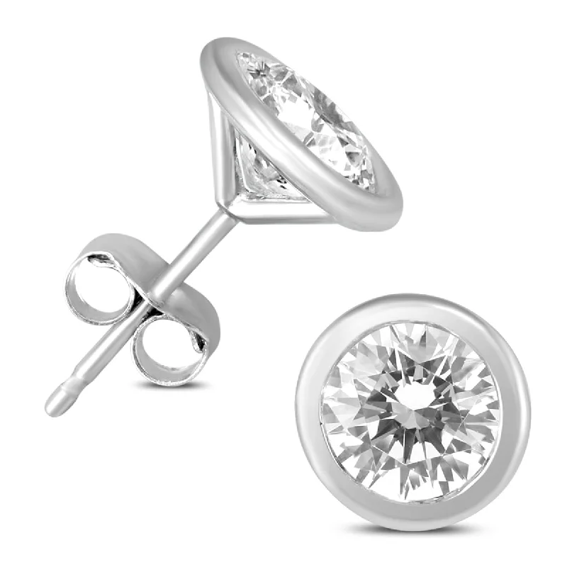 Stud Earrings with Polished Shine -Marquee 1 Carat TW Certified Bezel Diamond Solitaire Stud Earrings in 14K White Gold