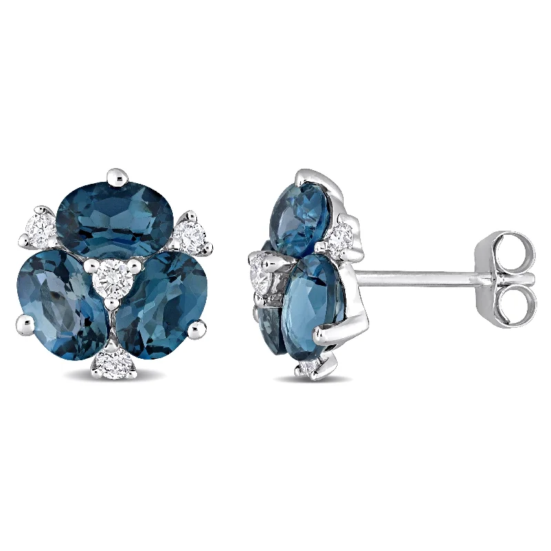 Gold Stud Earrings for Women -Miadora Oval-cut London-Blue Topaz and 1/5ct TDW Diamond Floral Stud Earrings in 14k White Gold