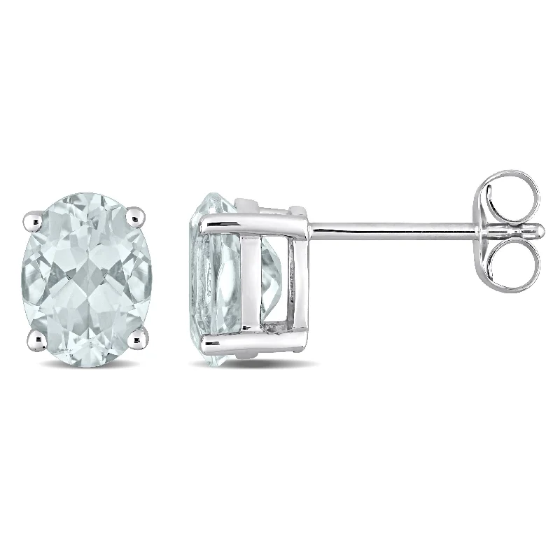 Stud Earrings for Valentine's Day -Miadora Oval-cut Aquamarine Solitaire Stud Earrings in 14k White Gold