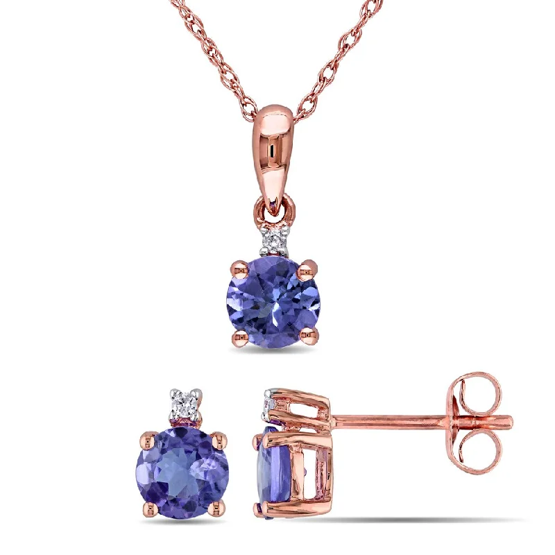 Stud Earrings for Work Attire -Miadora 10k Rose Gold Tanzanite and Diamond Accent 2-piece Solitaire Necklace and Stud Earrings Set - Blue