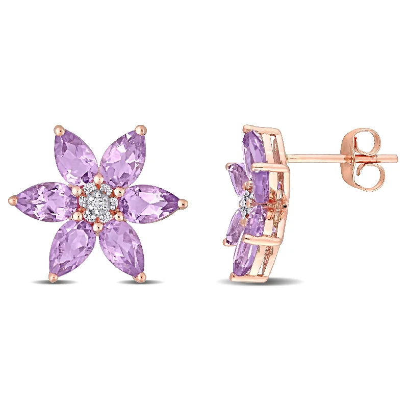 Stud Earrings with Hammered Finish -Miadora 10k Rose Gold Amethyst and Diamond Accent Floral Stud Earrings - 14 mm x 14.25 mm x 3 mm - 14 mm x 14.25 mm x 3 mm