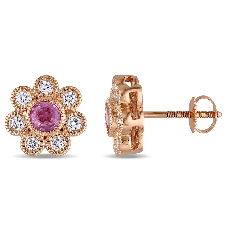 Retro Stud Earrings for Nostalgia -Miadora Signature Collection 14k Rose Gold Pink Sapphire and 4/5ct TDW Diamond Flower Stud Earrings (G-H, SI1-SI2)