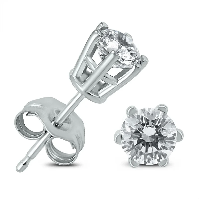 Clip On Stud Earrings for Non Pierced -Marquee 3/4 Carat TW 6 Prong Round Diamond Solitaire Stud Earrings In 14k White Gold