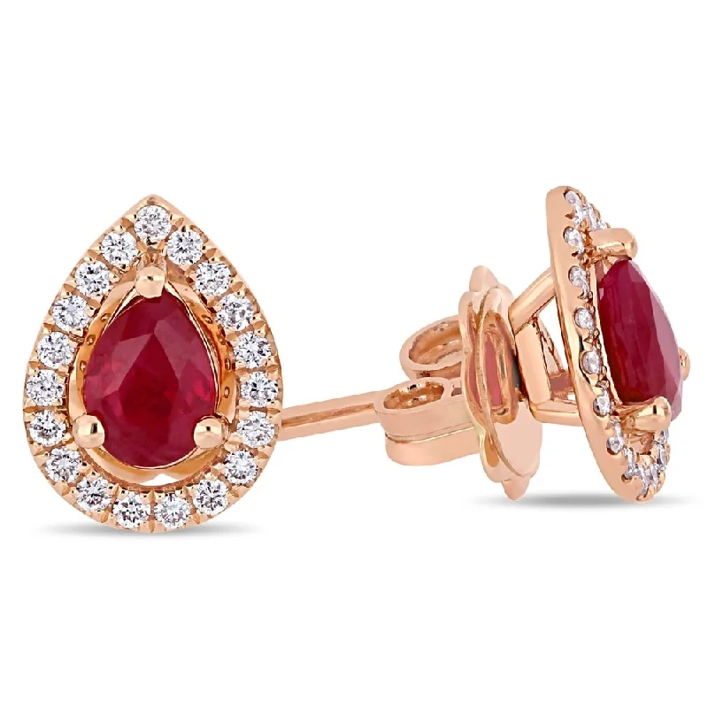 Stud Earrings for Travel Look -Miadora 14k Rose Gold Ruby and 1/5ct TDW Diamond Teardrop Halo Stud Earrings