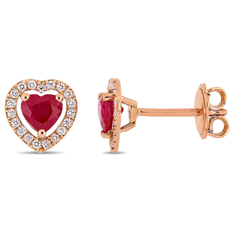 Stud Earrings with Chevron Designs -Miadora 14k Rose Gold Ruby and 1/5ct TDW Diamond Heart Halo Stud Earrings