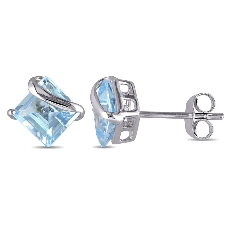 Heavy Duty Stud Earrings for Durability -Miadora 10k White Gold Square-Cut Blue Topaz Stud Earrings