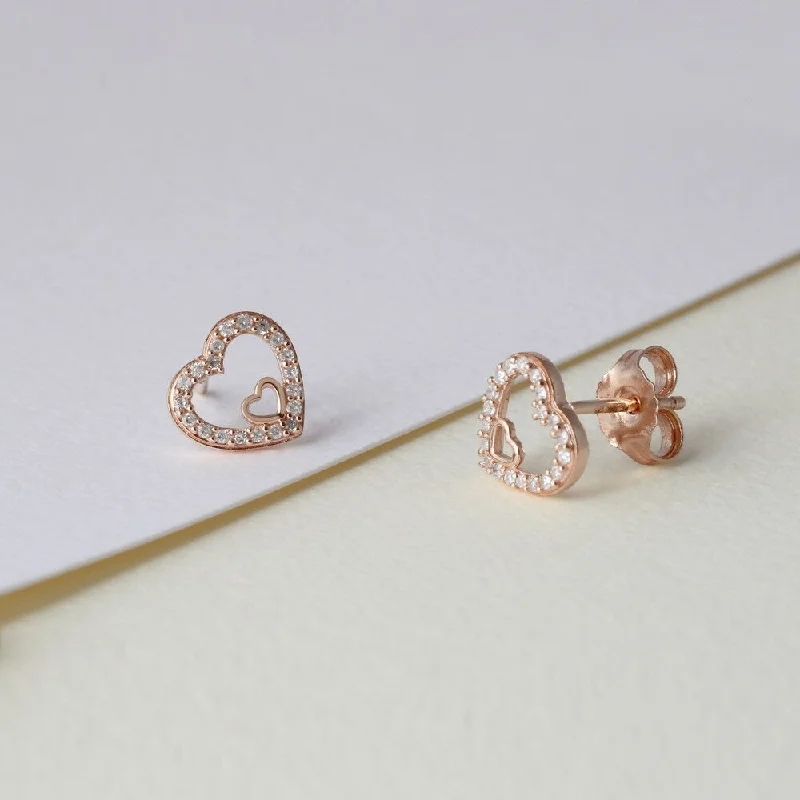 Stud Earrings for Concert Look -De Couer 10k Rose Gold 1/8ct TDW Diamond Heart Stud Earrings