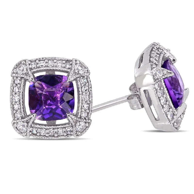 Stud Earrings with Etching -Miadora 10k White Gold Amethyst White Sapphire and 1/5ct TDW Diamond Stud Earrings