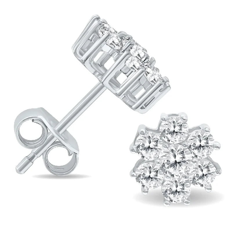 Stud Earrings for Fitness Activities -Marquee 1 Carat TW Diamond Flower Cluster Stud Earrings in 14K White Gold