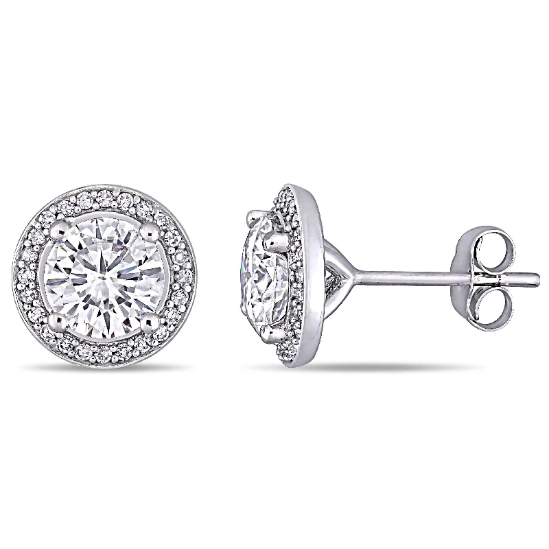 Triangular Stud Earrings for Edge -Miadora 2ct DEW Moissanite and 1/5ct TDW Diamond Halo Stud Earrings in 14k White Gold - 10 mm x 10 mm x 5.6 mm