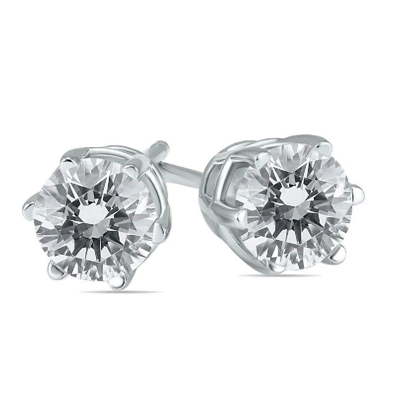 Screw Back Stud Earrings for Security -Marquee 1 Carat TW 6 Prong Round Diamond Solitaire Stud Earrings In 14k White Gold