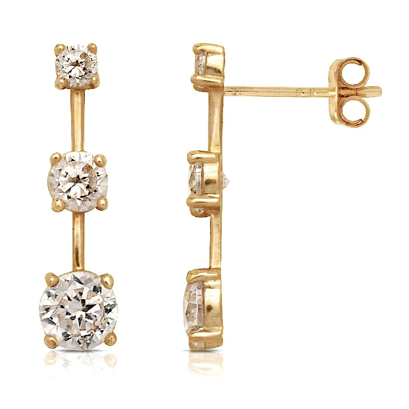 Push Back Stud Earrings for Convenience -Curata 14k Gold Round Cubic Zirconia 3-stone Bar Post Stud Earrings