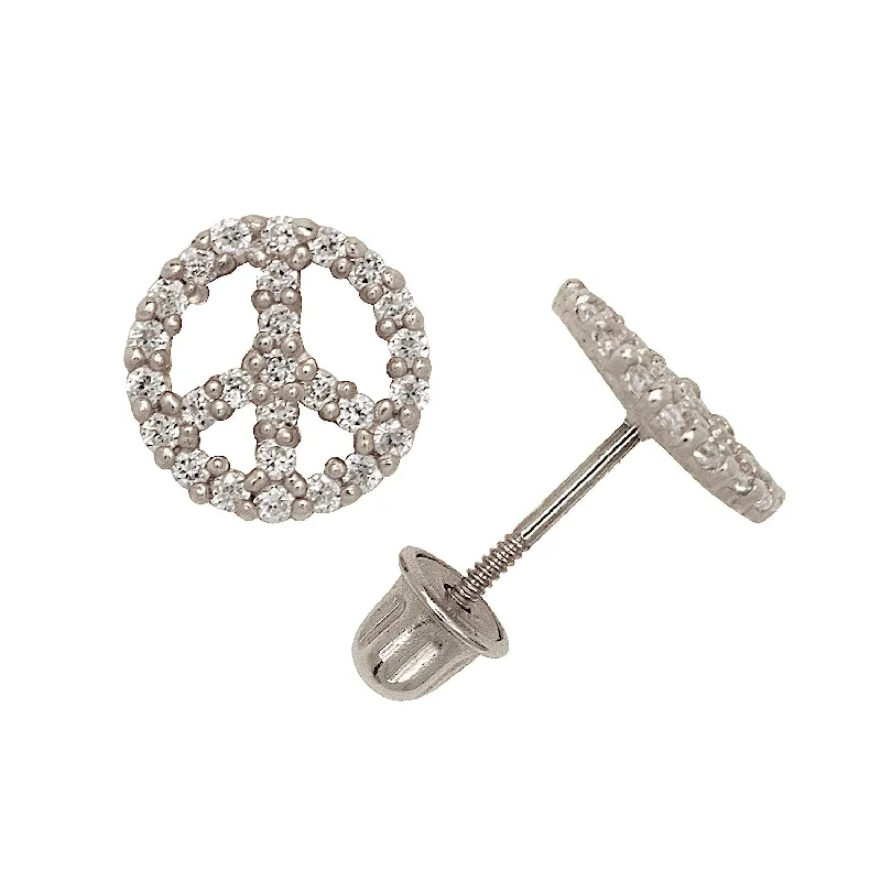 Stud Earrings for Prom Night -Curata Solid 14k Gold Round Cubic Zirconia Beaded Peace Sign Screw Back Stud Earrings