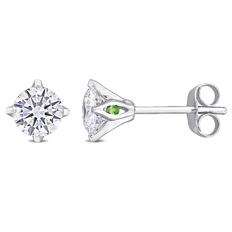 Stud Earrings with Leaf Motifs -Created Forever 1ct TDW Lab-Grown Diamond and Tsavorite Accent Solitaire Stud Earrings in 14k White Gold