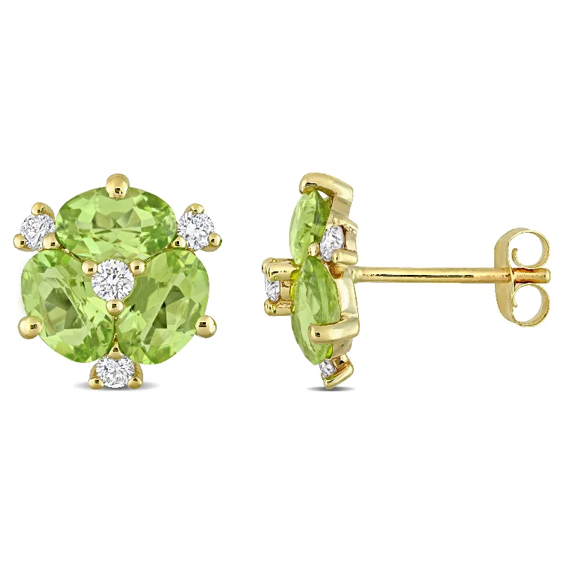 Hippie Stud Earrings with Beads -Miadora Oval-cut Peridot and 1/5ct TDW Diamond Floral Stud Earrings 14k Yellow Gold