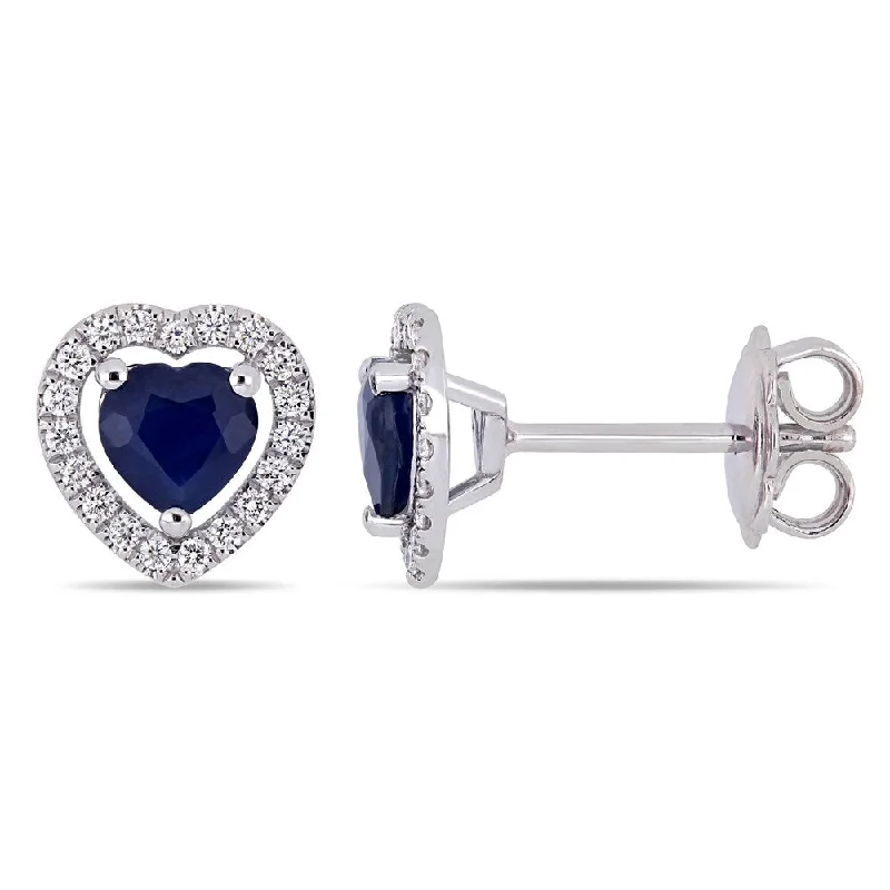 Stud Earrings for Wellness Routine -Miadora 14k White Gold Blue Sapphire 1/5ct TDW Diamond Heart Halo Stud Earrings