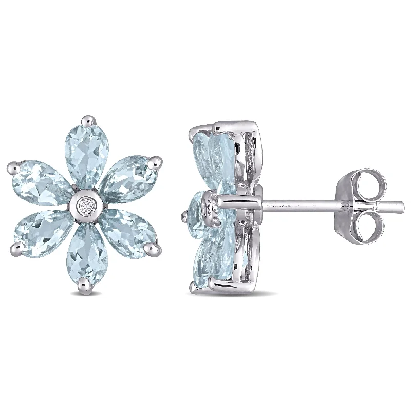 Silver Stud Earrings for Men -Miadora 14k White Gold Aquamarine and Diamond Accent Floral Stud Earrings