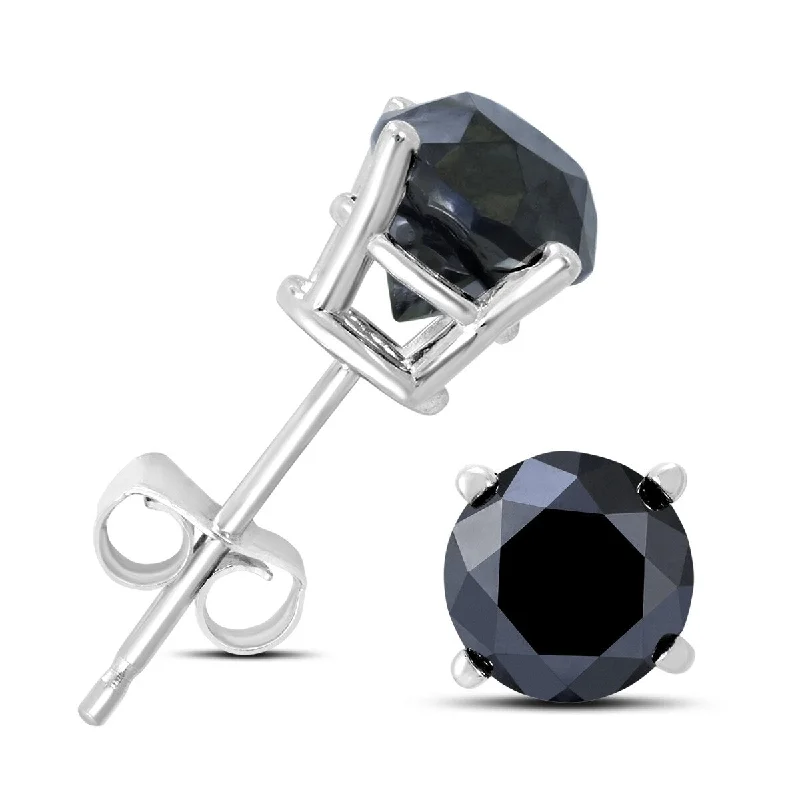 Stud Earrings for Festival Style -Marquee 1 1/2 Carat TW Round Black Diamond Solitaire Stud Earrings in 10K White Gold