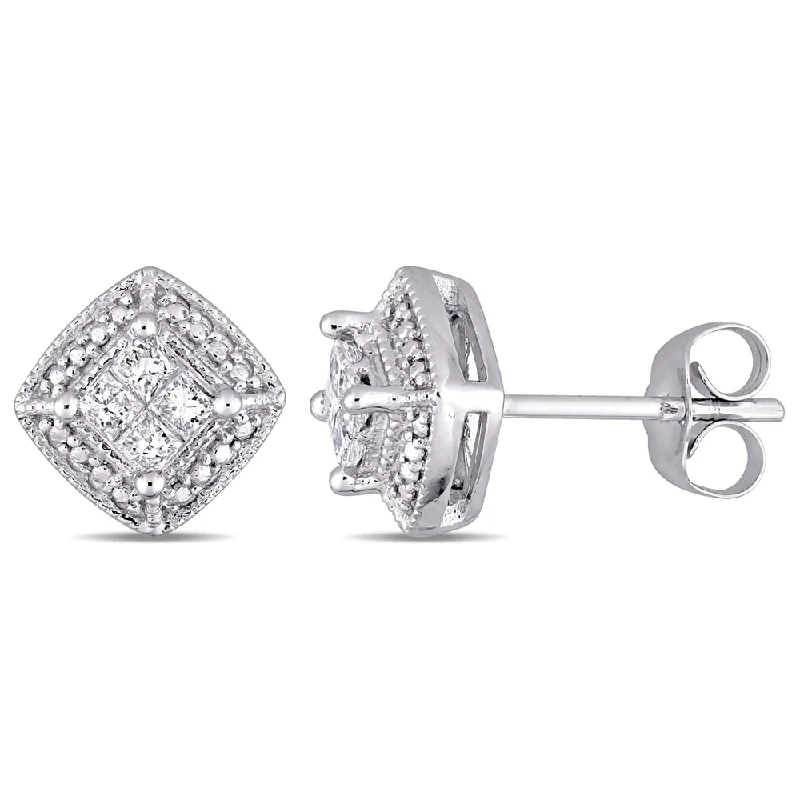 Large Stud Earrings for Statement -Miadora 10k White Gold 1/4ct TDW Princess-Cut Diamond Quad Halo Stud Earrings