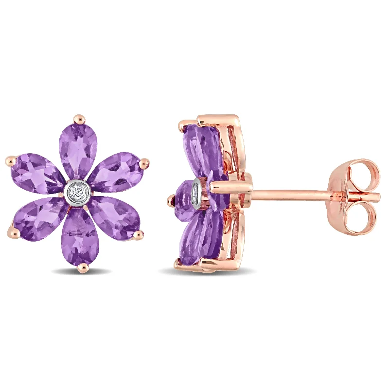 Retro Stud Earrings for Nostalgia -Miadora Pear-cut Amethyst and Diamond Accent Floral Stud Earrings in 14k Rose Gold