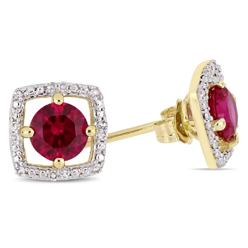 Crystal Stud Earrings for Sparkle -Miadora 10k Yellow Gold Created Ruby and Diamond Accent Floating Square Halo Stud Earrings