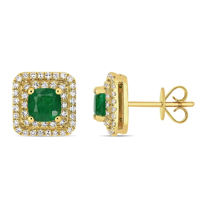 Stud Earrings for Prom Night -Miadora 14k Yellow Gold Emerald and 2/5ct TDW Diamond Double Halo Square Stud Earrings