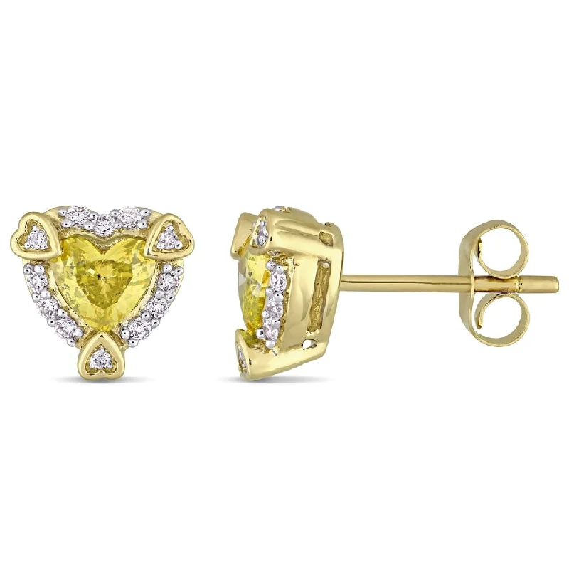 Stud Earrings with Gemstones and Beads -3/4ct TDW Diamond Heart Halo Stud Earrings in 14k Yellow Gold by The Miadora Signature Collection