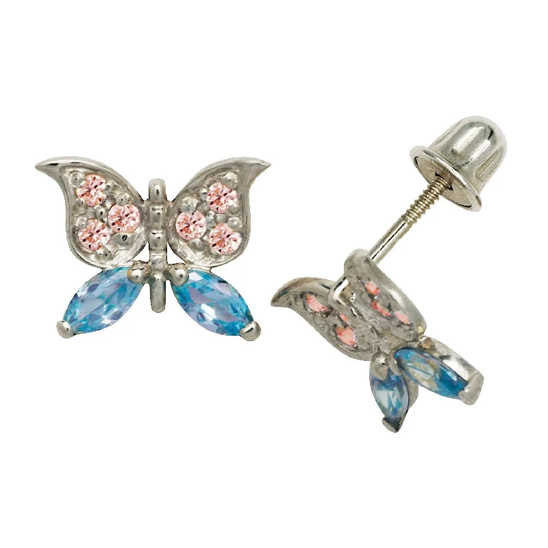 Stud Earrings for Mother's Day -Curata Solid 14k Gold Pink Blue Cubic Zirconia Large Butterfly Screw-back Stud Earrings