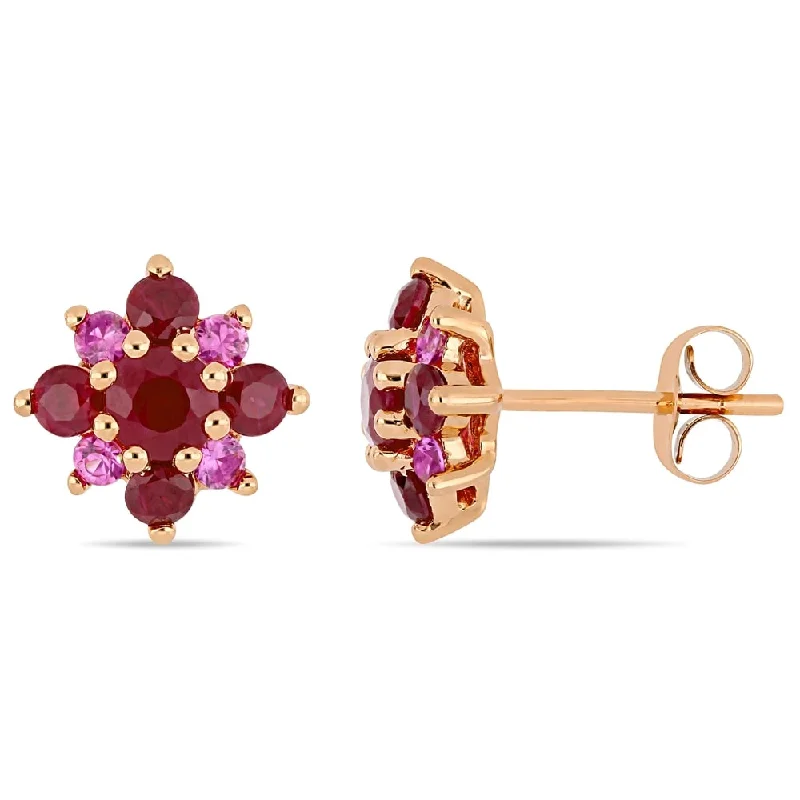 Oval Stud Earrings for Grace -Miadora 14k Rose Gold Ruby Pink Sapphire Cluster Star Stud Earrings