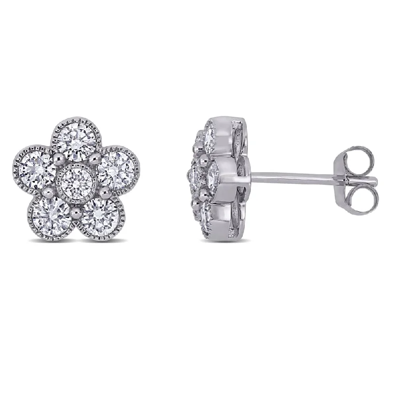 Stud Earrings for Engagement Party -Miadora 14k White Gold 1ct TDW Diamond Flower Stud Earrings