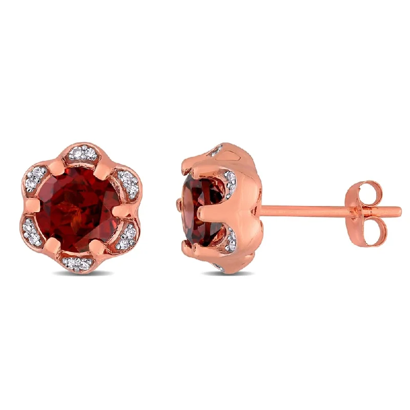 Heart Shaped Stud Earrings for Love -Miadora 14k Rose Gold Garnet and Diamond Accent Flower Stud Earrings